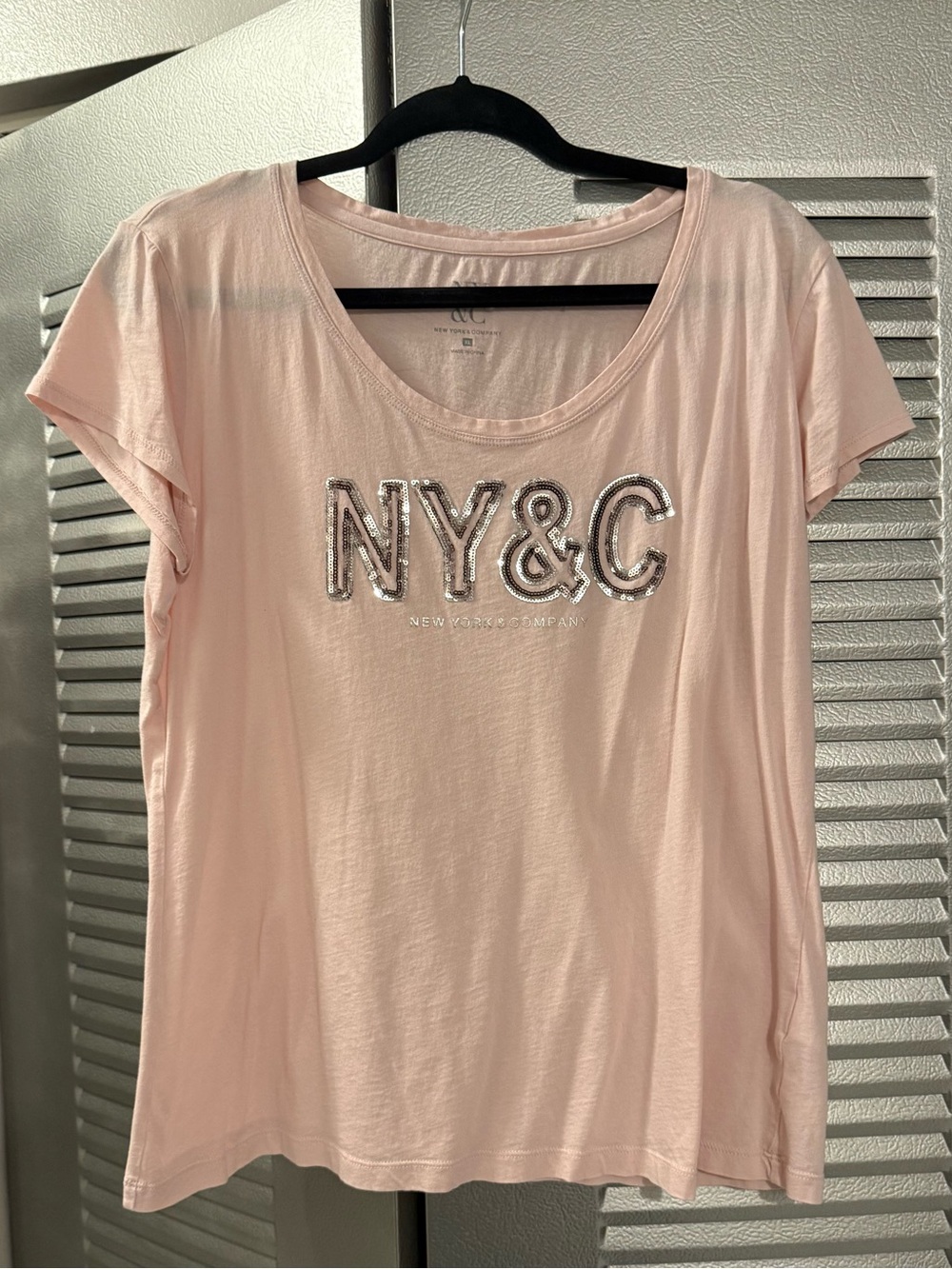 New York & Company Light Pink Sequin NY&C Logo Tee